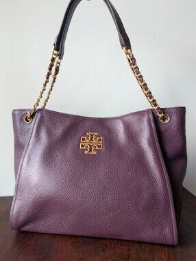 NWOT Tory Burch Britten Small Slouchy Tote Plum Pebbled Leather Gold Chain